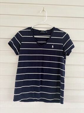 Polo Ralph Lauren Shirt M Womens V-neck Blue Stripe Preppy Pony Closet Staple